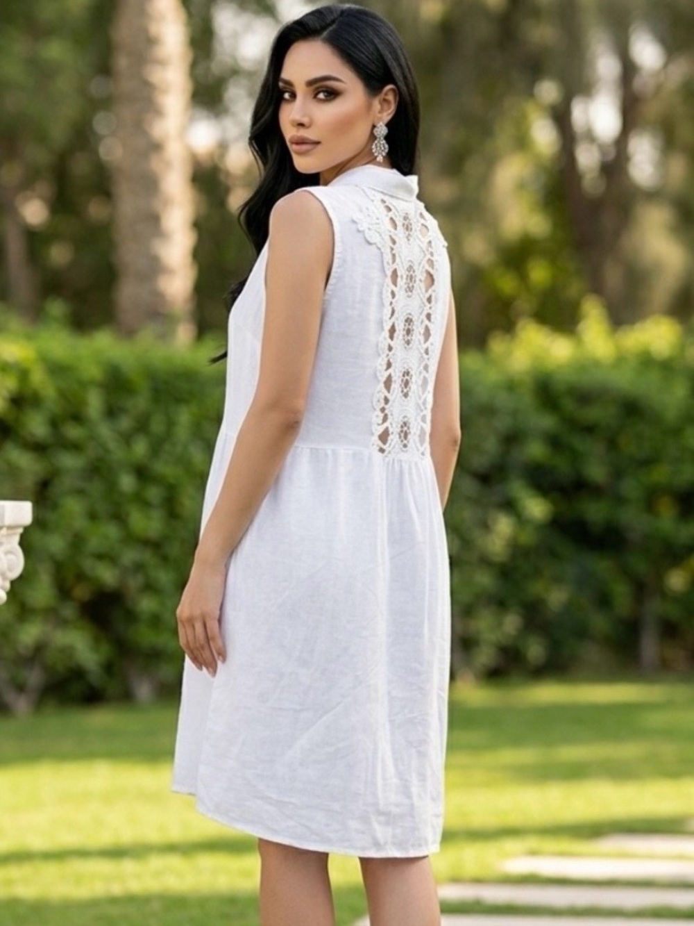 Beyond Capri White Feminine 100% Linen Sleeveless Cut Out Lace Summer
Dress-L